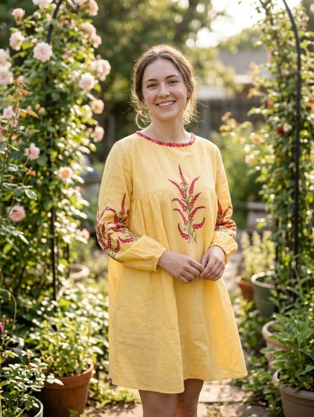 Ghausia Collection Yellow Long Sleeve Dress Embroidered.
